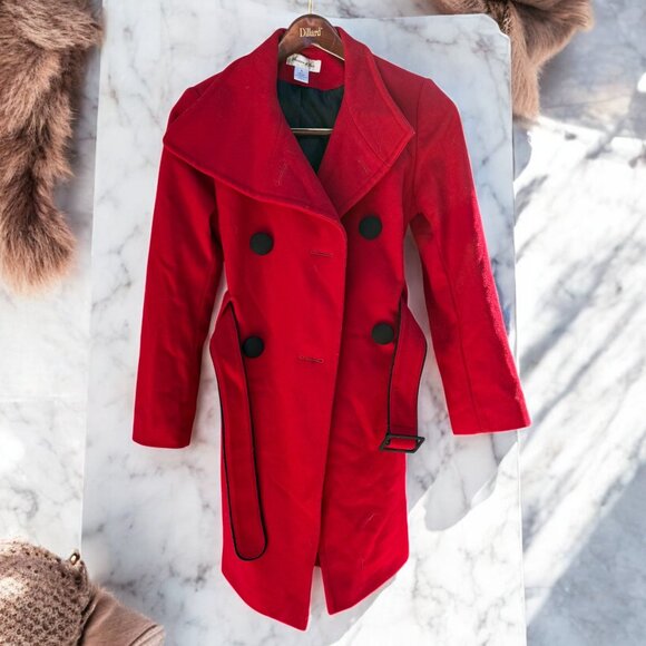 Vintage Preston & York Cardinal Red 100% Wool Pea Coat Size 4 Double Breasted - Picture 1 of 14